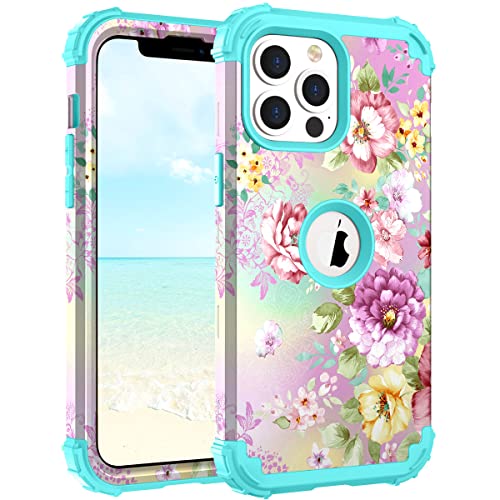 Image of Hocase for iPhone 13 Pro Max Case, Heavy Duty Shockproof Protection Soft Silicone Rubber Bumper+Hard Plastic Hybrid Protective Case for iPhone 13 Pro Max (6.7 inch) 2021 - Purple Florals /Teal