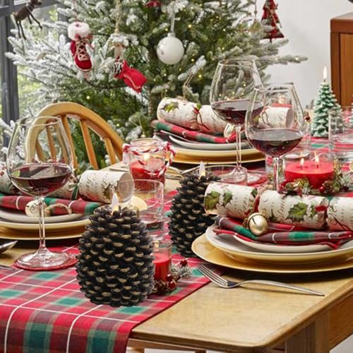 Image of Christmas Pine Cones Flameless Candle Battery Operated with Timer Brown | Real Wax, 2 Pack LED Pillar Candle for Winter Holiday Decoration, 3.5 inchx4.7 inch