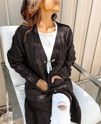 Image of PRETTYGARDEN Long Sleeve Cable Knit Long Cardigan for Women 2026 Spring Winter Chunky Open Front Button Sweaters with Pockets