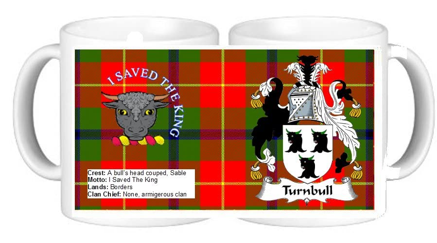 Personalisedjust4uScottish Clan with Crest Coat of Arms Details and Tartan Depicted Turnbull Ceramic Coffee Mug