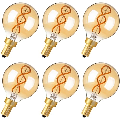 Genixgreen Vintage E14 LED Filament Bulbs Dimmable Small Edison Screw Bulb SES Decorative Golf Ball Light Bulbs,25W Incandescent Equivalent 3W,2200K Warm White,Amber Glass,6 Pack