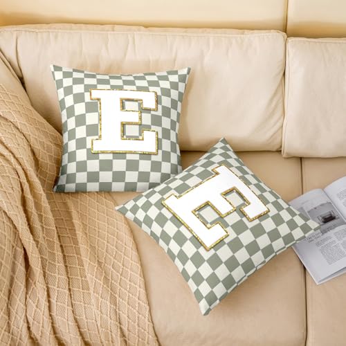 Image of Erosebridal Sage Green Checkered Throw Pillow Covers 20x20 Set of 2 Plaid Initial E Pillow Covers Personalized Monogram Cushion Cover Fashion Grids Gingham Pillow Cases for Couch Sofa