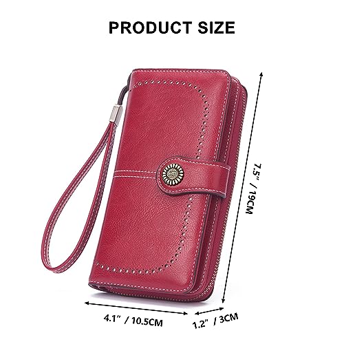 Image of Mokoze Wallet for Women, PU Leather Large Capacity Wallets with Wrist Strap and Zipper for Hold Credit Cards /Cell Phones /Keys, Girlfriends Mother's Day Gifts, Red, 7.48 inch x 4.13 inch x 1.18 inch, Bifold