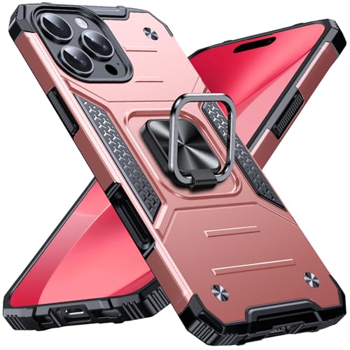Image of Anqrp Heavy Duty Case for iPhone 16 Pro Case with Enhanced Ring Holder Grip Stand, Military Grade Shockproof Rugged Drop Protective Silicone Hard Slim iPhone 16 Pro Phone Case Cover,Pink Gold