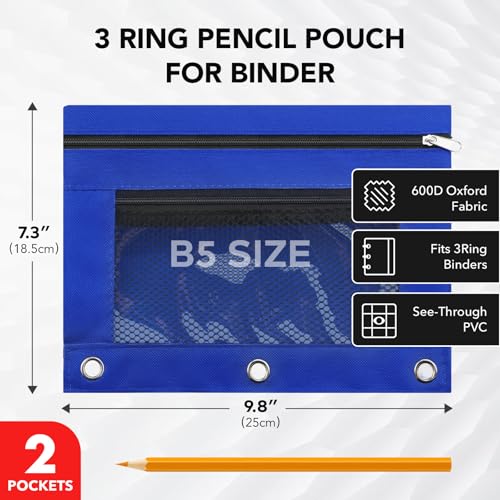 Image of 3 Ring Pencil Pouch for Binder, 2-Pocket Zipper Pencil Case with Clear Window & Mesh Pocket, 600D Oxford Fabric Binder Pouch for School Office Supplies, Fits Standard 3-Ring Binders, Blue