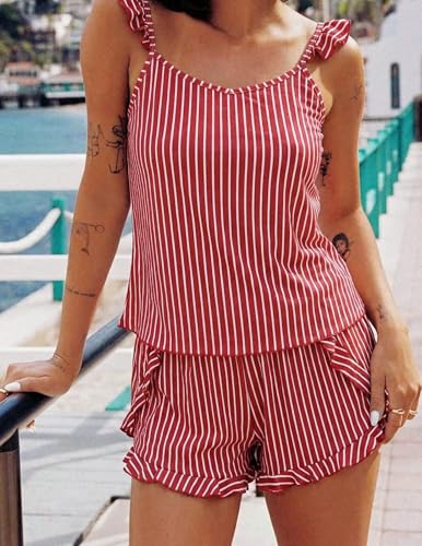 Image of Ekouaer Pajamas for Women set 2 Piece Ruffle Tank Top Split Leg Cami Shorts