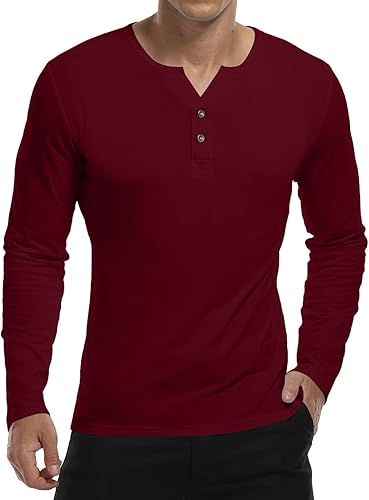 Miniatura 2 de YTD Camisetas Henley de manga larga para hombre, estilo casual, ajustadas, con botones, con cuello en V liso