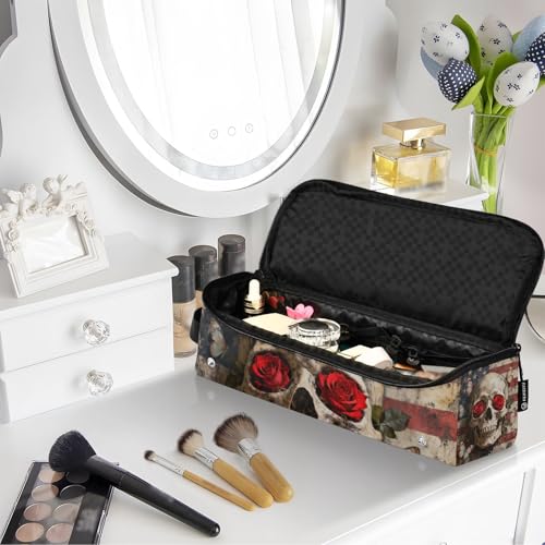 Bolso de viaje y estera resistente al calor para herramientas de cabello Hot Hair Tools, organizador impermeable para planchas y rizadores, diseño calavera retro y rosa roja portátil miniatura 7