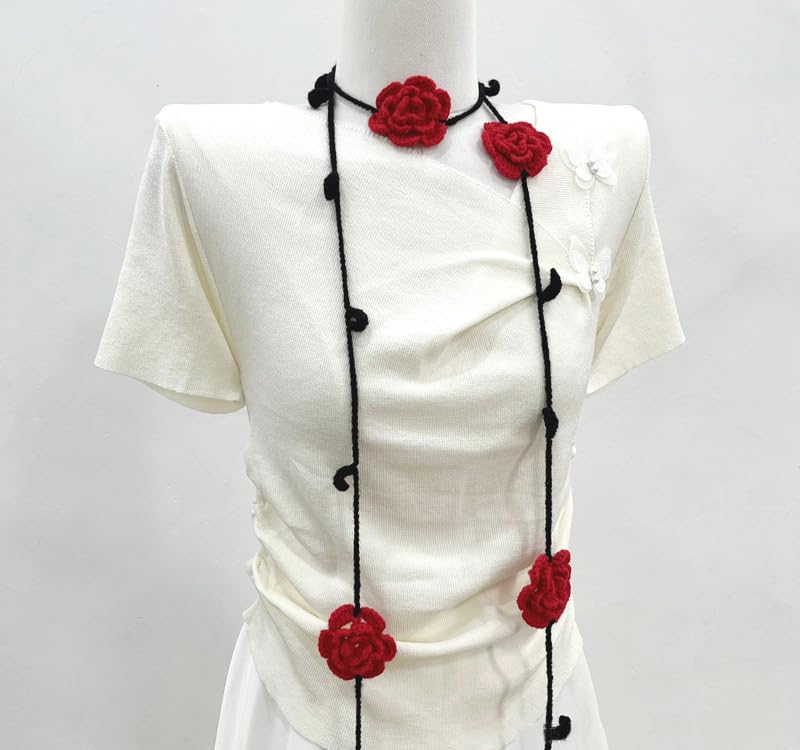 Crochet Rose Flower Neck Scarf Long Skinny Knitted Choker Necklace Neckwear Decoration Vintage Neckerchief Waist Belt4
