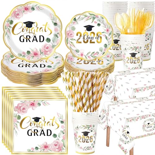 Image of Funnymoom 452 Pcs Class of 2026 Pink Floral Graduation Decoration Party Supply for 50, Pink Gold Congrats Grad Paper Plates Napkins Cup Tablecloth Cutlery Straw for Freshly Graduated Decoration