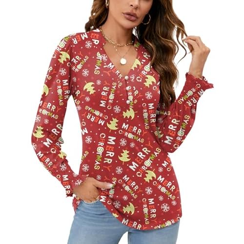Rapbin Womens V Neck Puff Long Sleeve Button Down Tunic Blouses Fall Tops 2025 Ruffle Cuffs Dressy Casual T-Shirts XX-Large Long Sleeve - Christmas B