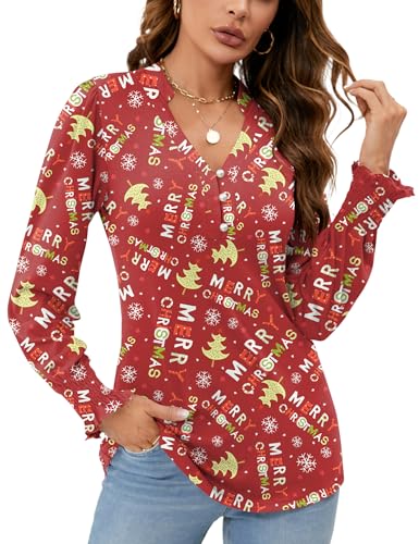 Rapbin Ladies Christmas Tops V Neck Puff Long Sleeve T-Shirts Ladies Button Down Tunic Casual Ruffles Cuffs Sleeve Blouses Red Christmas Print M (UK 12-14)