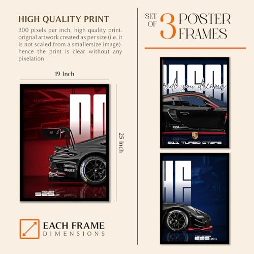 Image of ARTELLY Big Porsche 911 GT3rs Sports Car Framed Wall Posters, Set of 3, Premium Framed Painting, Living Room Bedroom Decoration, Large Size Gift Item for Boys Room Decor (Porsche 4, 19x25 inch)
