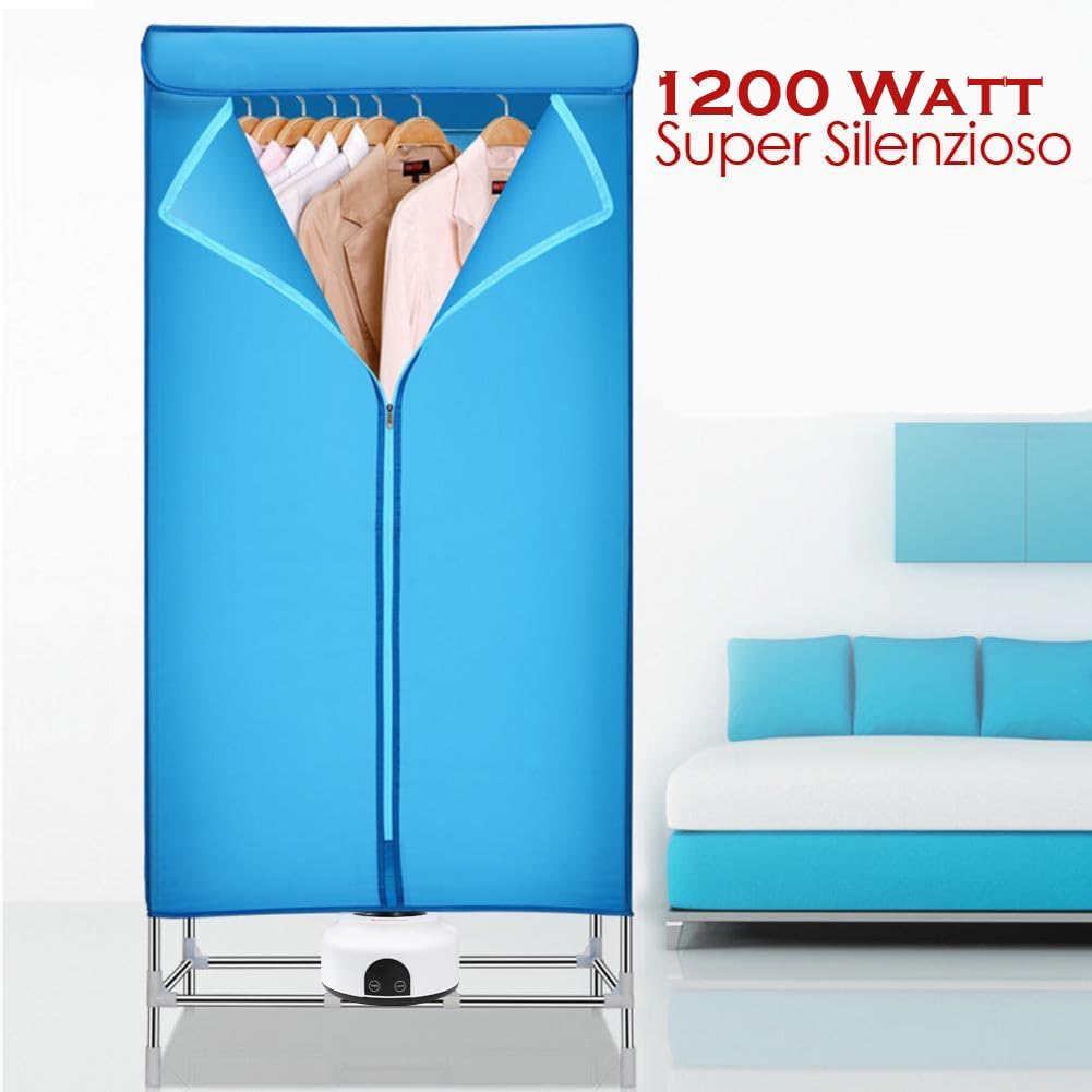 BAKAJI Secadora eléctrica de armario con mando a distancia y pantalla de control, secador de ropa de aire caliente, potencia 1200 W, temporizador 180 min, tamaño 65 x 45 x 138 cm