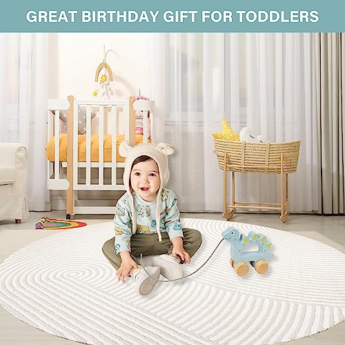 WoodenEdu Baby Toys Car,Wooden Pull Along Toddler Toy, Developmental Toy for 1 Year Old Girl Boy Birthday Gift (Dinosaur) - Thumbnail 5