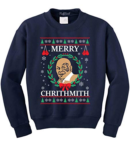 NuffSaid Merry Chrithmith Chirithmith Mike Tyson Ugly Christmas Sweater Unisex Sweatshirt (Large, Navy Blue)