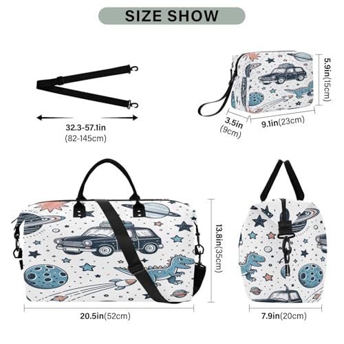 ​​Large Foldable Travel Duffel Bag, Waterproof Gym Bag for Men & Women, Carry-On Luggage Weekender Overnight Bag, Cute Planets Dino3
