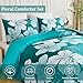 Menghomeus King Comforter Set Gradient Teal Bedding Floral Comforter Sets - Soft Microfiber Bed Comforter Set for All Season, 3 Piece Botanical Flowers Comforter, Pillowcases