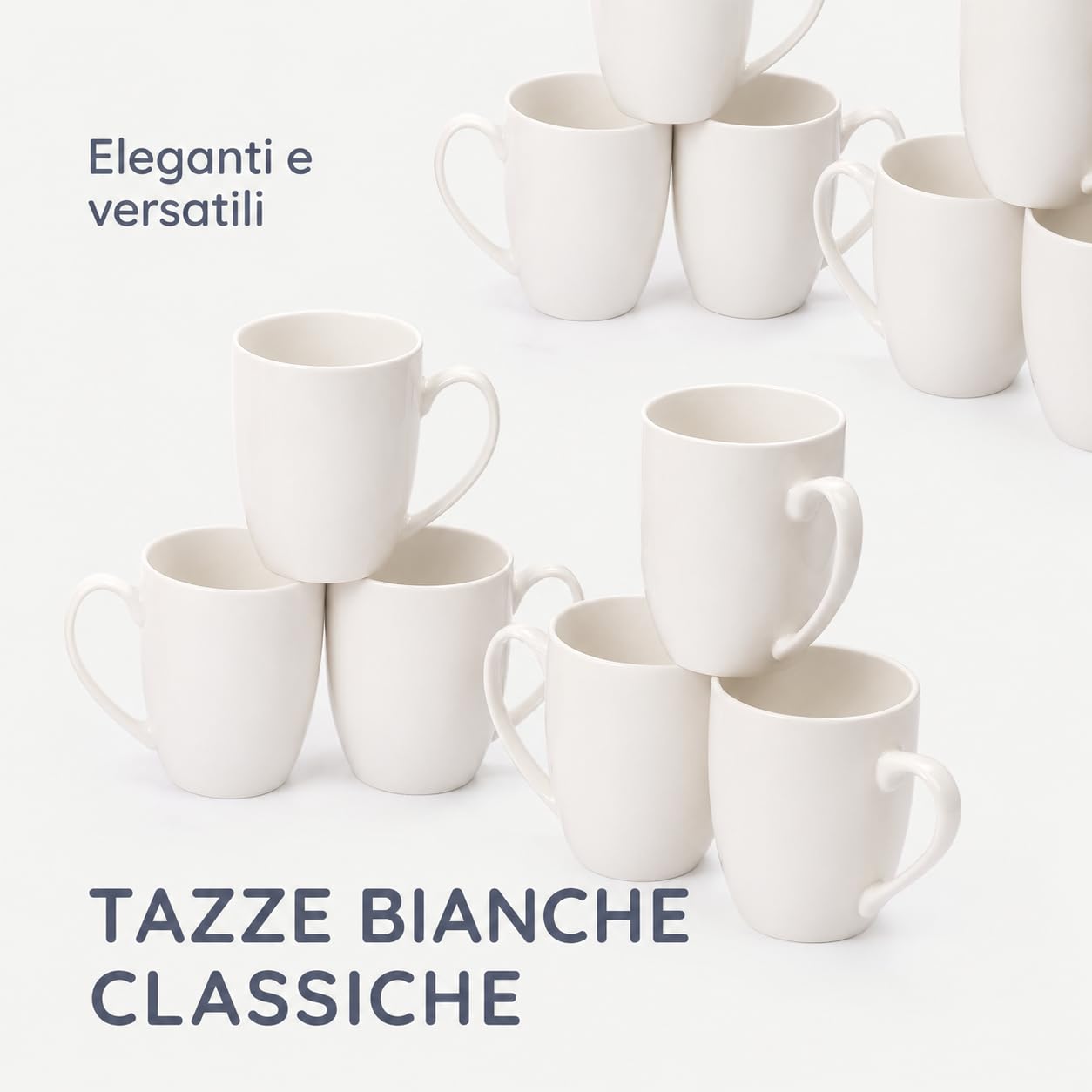 CUQOO Set di 12 tazze da caffè bianche, 350 ml, in ceramica di porcellana con manico, set di tazze grandi, lavabili in lavastoviglie e adatte al microonde, tazze sfuse per casa, ufficio e catering