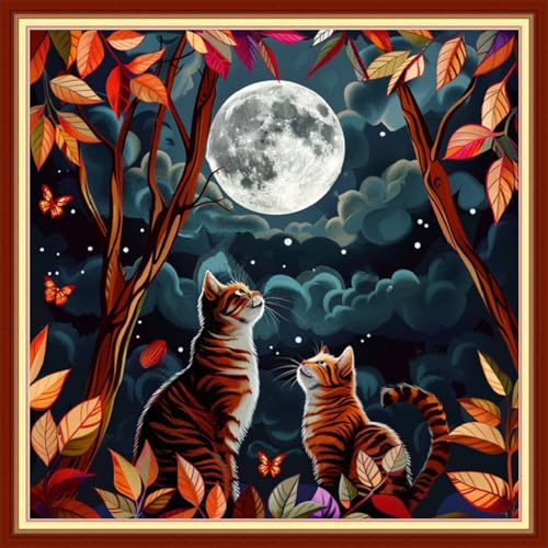 Image of Funchey Stamped Cross Stitch Kits, DIY Cross Stitch Pattern for Adults Beginners Needlepoint Kits Embroidery Kit Arts and Crafts 11CT&Two Cats Admiring the Moon 18x18 inchs
