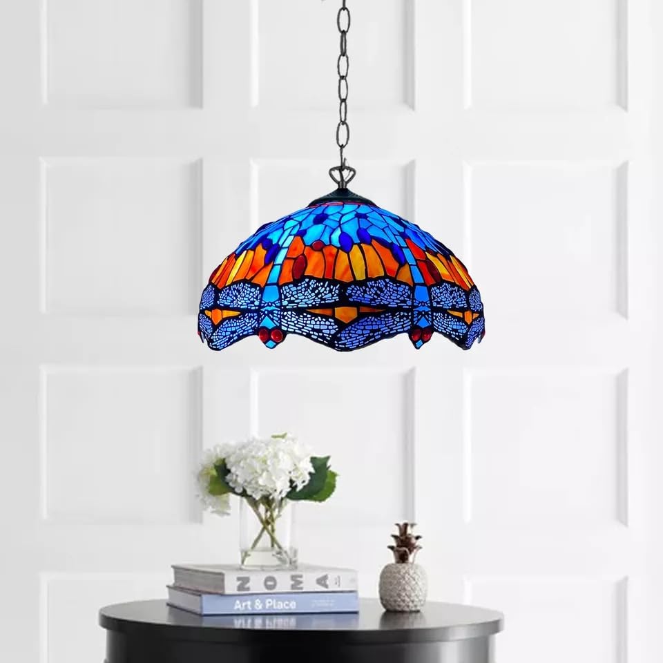 TIFFORA Tiffany Pendant Lamps - Handcrafted Stained Glass 16 inch Pendent Light - Antique Design Pendant Lamps for Living Room Bedroom Lounge (TF(P)-1602)