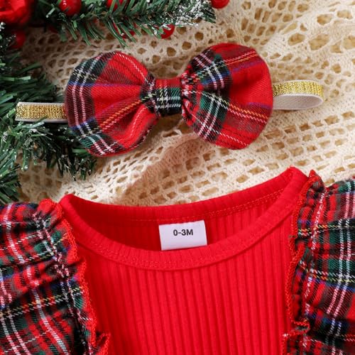 Newborn Christmas Outfit Baby Girl Plaid Romper Dress Infant Ruffle Long Sleeve Ribbed Bodysuit Headband Clothes3