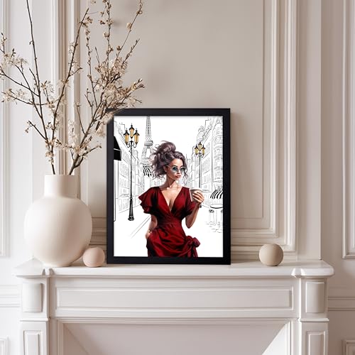 Image of Poster Master Lady in Red Print - Fashion Poster - Paris Designer Art - Modern Wall Design - Chic Gift for Women & Fashionista - Glam Decor for Bedroom or Girl's Room - 11x14 Black Framed