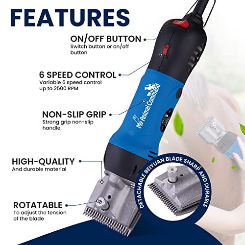 Image of My Animal Command Professional Horse Clippers Kit Heavy Duty 110V 400W | 6 Speeds, comes with 2 Blades, Thick Coats, Ponies, Equine, Pigs, Cattle, Livestock, cool running replaceable blades