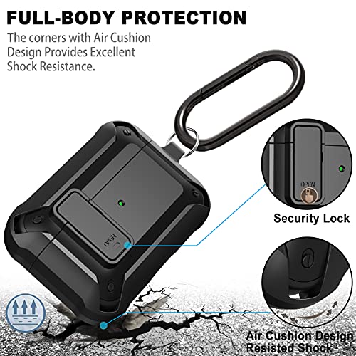 Wonjury Airpods Pro Case Cover For Men Lock With Cleaner Kit, Military Armor Series Full-Body Airpod Pro Case With Keychain Cool Air Pod Pro Shockproof Protective Case For Airpods Pro 2019, Black #TOP3
