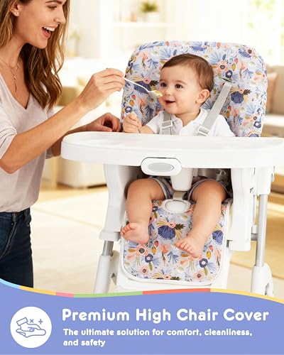 Image of Baby High Chair Cover Replacement, Reversible & Waterproof High Chair Cushion Pad Home & Restaurant use, Includes 5-Point Harness Strap, Chair Not Included - Blue