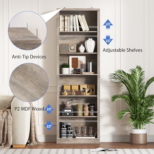 Image of BORNOON 74 inch Tall Bookshelf, 6-Tier Floor Standing Bookcase with 2 Adjustable Shelves, 24 inch Wide Open Storage Shelf, Modern Display Organizer for Home Office, Living Room, Bedroom, Study