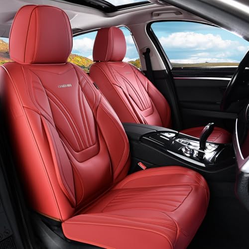 Image of Coverado Car Seat Covers Front Seats, 2 Piece Car Seat Protector with Lumbar Support & Removable Headrest, Breathable Leather Seat Cushion Universal Fit for Truck Automotive Vehicles Red