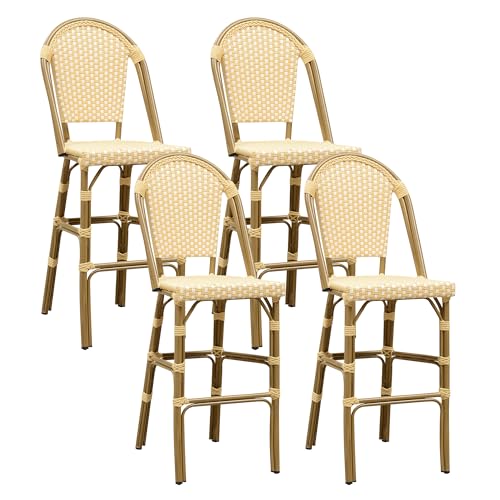 Image of PURPLE LEAF French Bar Stool Set of 4 Bamboo Print Finish Patio Bar Stools with Back Rattan Bar Chairs Wicker Bar Height Stool 30 inch with Footrest Kitchen Island Stools Outdoor Barstool Cream Yellow