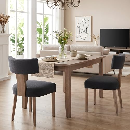 Image of HNY Mid Century Modern Dining Chairs, Linen Fabric Upholstered and Curved Backrest Kitchen Chairs Set of 2, with Hardwood Frame, Charcoal