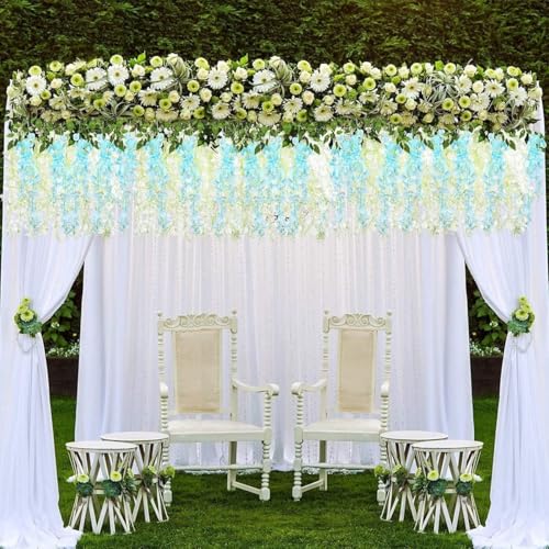 Image of SATYAM KRAFT 6 Pcs (43.2 inch) Artificial Wisteria Vine Garland | Long Silk Hanging Flowers String for Wedding Decoration Items, Mandap, Christmas Party, Festival Event & Home Decor (Sky Blue)