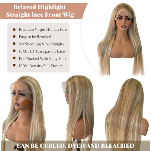 Image of Belaved 8B60A 13x6 Ombre Lace Front Wigs Human Hair for Women Balayage Highlights HD Straight Lace Frontal Wigs Human Hair 180% Density Pre Plucked Bleached Knots Glueless 20inch