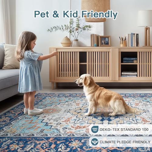 Lofus 6x9 Area Rugs for Living Room, Washable Area Rug, Rugs for Bedroom, Kitchen, Vintage Boho Carpet, Soft Non-Slip, Low Pile Large Area Rug for Office Dining Room, Floral Blue