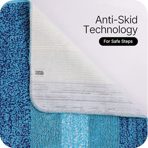 Image of SARAL HOME EASY LIVING Microfiber Striped Rectangle Anti-Skid Runner|Soft & Super Absorbent, Washable Multipurpose Bedside Runner for Home /Kitchen /Lobby /Office Entrance, 50X100 CM (Turquoise)