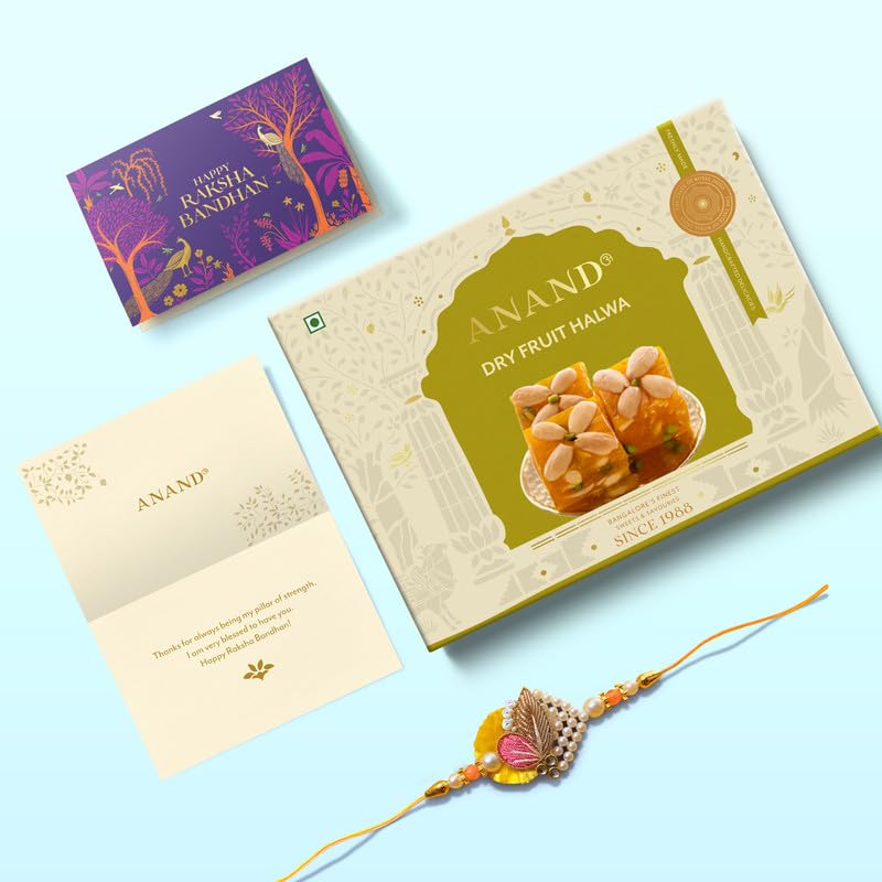 ANAND Sweets Raksha Bandhan/Rakhi MIthai Gift box | Dry Fruits Halwa (500g) + Rakhi + Greeting card combo | Mouth Watering Pure Desi Ghee Sweets | For Brother, Sister, Bhabhi | No Preservatives