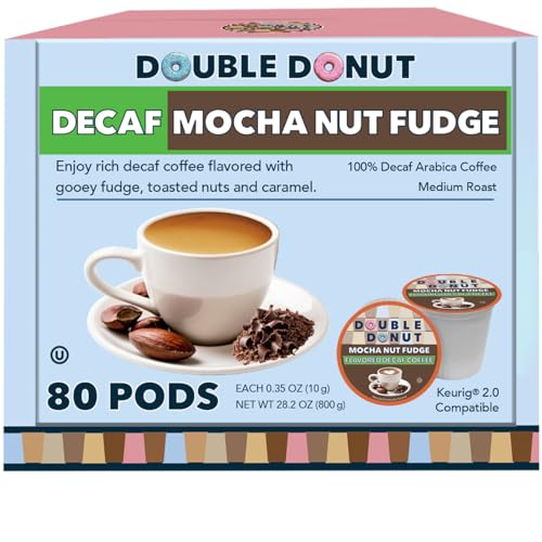 Double Donut Coffee Medium Roast Decaf Coffee Pods, Mocha Nut Fudge Flavored, for Keurig K-Cup Machines, 80 Single-Serve Capsules per Box