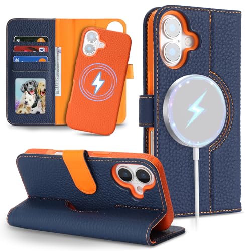 Image of Detachable Genuine Leather Case for iPhone 16 Wallet Case Magnetic 2in1 Removable Flip Cover Book Purse Compatible with Magsafe Charging Kickstand Card Holder-Navy Blue+Orange