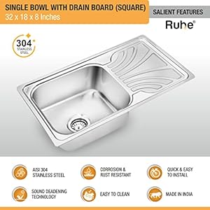 Ruhe® Square Single Bowl with Drainboard 32 x 18 x 8 inches Kitchen Sink | 304 Stainless Steel Square Single Bowl with Drainboard Kitchen Sink | Glossy Finish | Including Sink Coupling and Waste Pipe