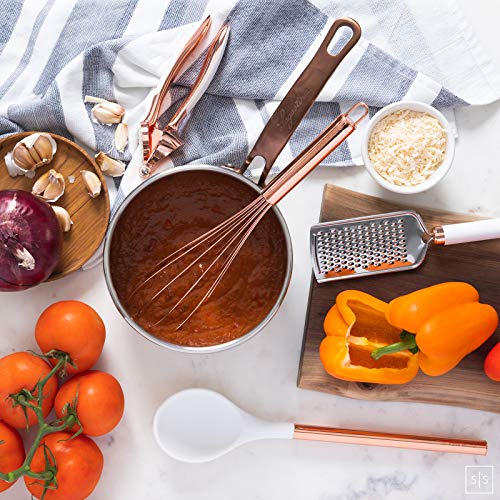 White and Rose Gold Cooking Utensils Set with Holder - 17-Piece Kitchen Utensil Set with Holder Includes White and Copper Measuring Cups and Spoons & Copper Utensil Holder