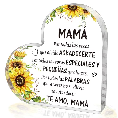 SUEHHYY Birthday Gifts for Mom in Spanish, Regalos para Mamá Cumpleaños, Acrylic Heart Sign Paperweight Presents, Christmas Mothers Day Valentines Day Gifts for Mom from Kids Daughter Son