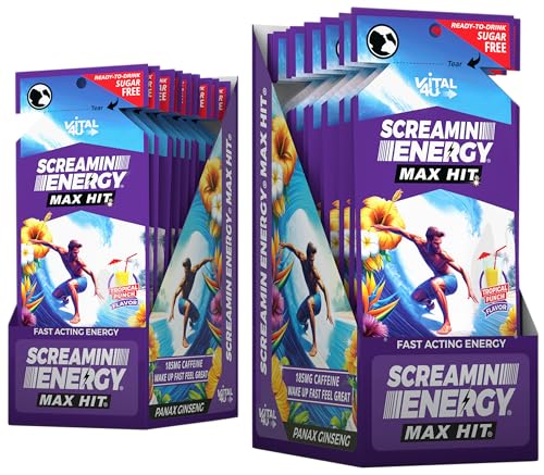 Screamin Energy Max Hit Tropical Punch Flavor - Maximum Strength Sugar Free Energy Shot with Ginseng, B Vitamins, and Caffeine - 24 Count