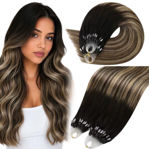 Moresoo 24 Inch Micro Link Hair Extensions Human Hair, Black Caramel Blonde