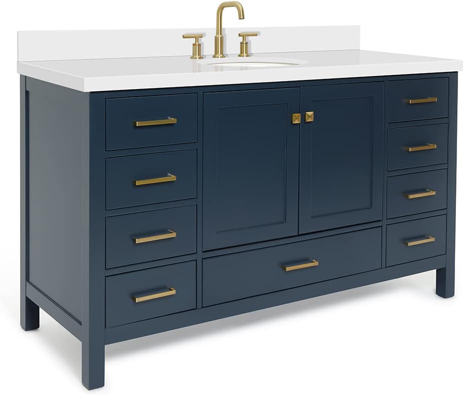 ARIEL Cambridge 60-inch Bathroom Vanity with Sink,Solid Wood, 1.5-inch Pure White Quartz Countertop & Backsplash, Single Oval Porcelain Sink, 2 Soft Closing Doors, 9 Dovetail Drawers, Midnight Blue