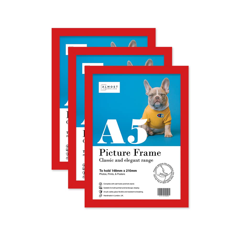 Almost Frameless Red A5 Picture Frame Set Of 3, Display A5 Picture Gallery Wall, Poster, Photo, Artwork, Or Print,