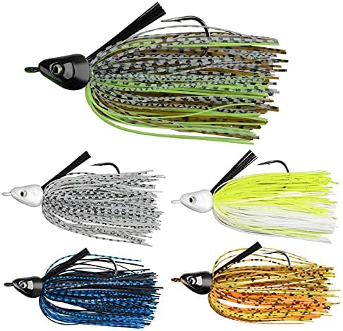 MadBite Swim Jig Fishing Lures, Heavy Brush Guard, Silicone Skirt, Sticky-Sharp Heavy-Wire Needle Point Hooks, Popular 3/8 oz Sizes, 5 pc Multi-Color Kits, Includes Storage Box, Clear & Muddy Water