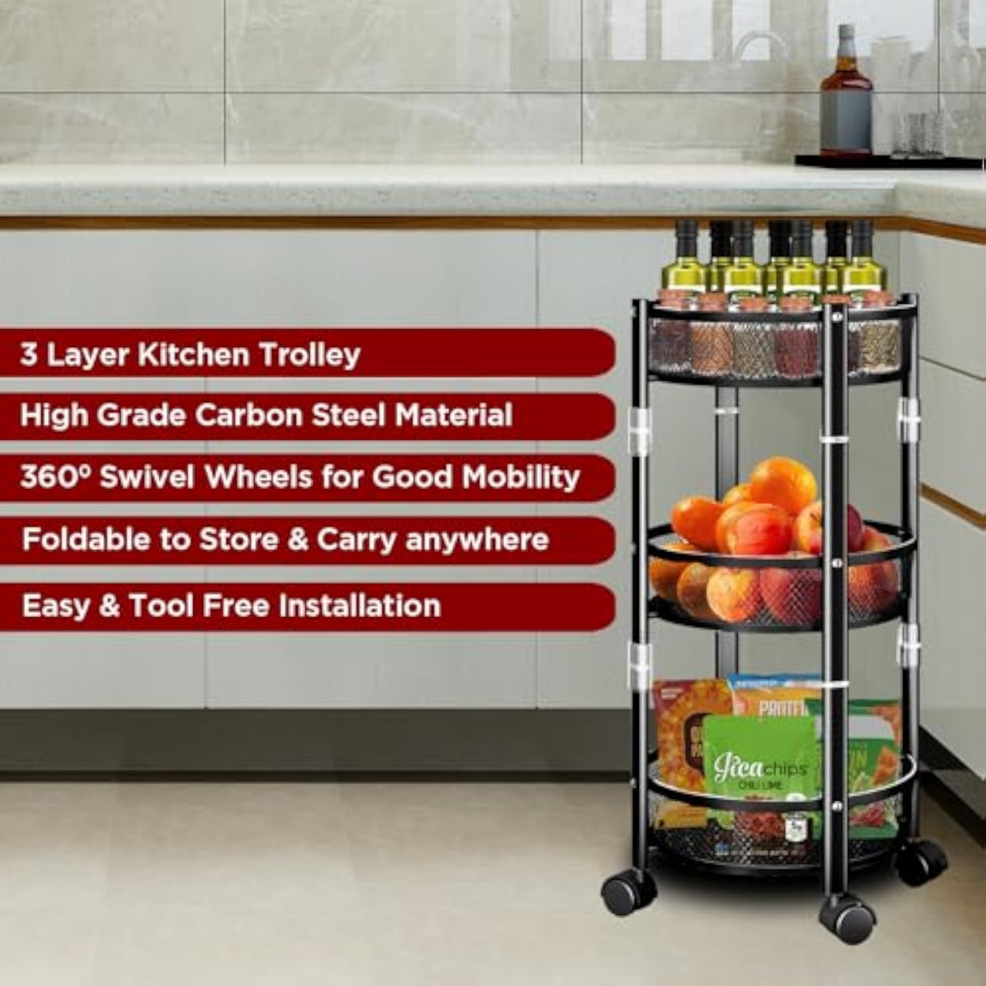 TR3530AM Foldable Kitchen Storage Rack with Wheels
